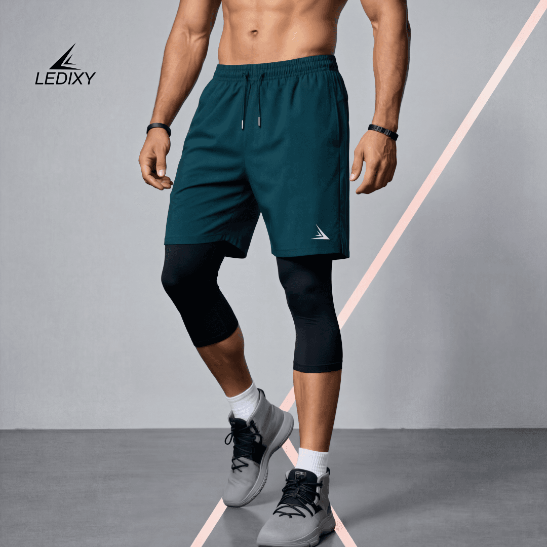 2in1 3/4 Compression Leggings + Shorts Dark Blue
